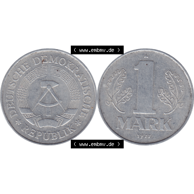 DDR Münze Umlaufmünze / Kursmünze 1972-1990, A 1 Mark 1977-05. Bildmaterial als transparente PNG-Grafik mit der Vorderseite und Rückseite horizontal rechts nebeneinander... Sammlung