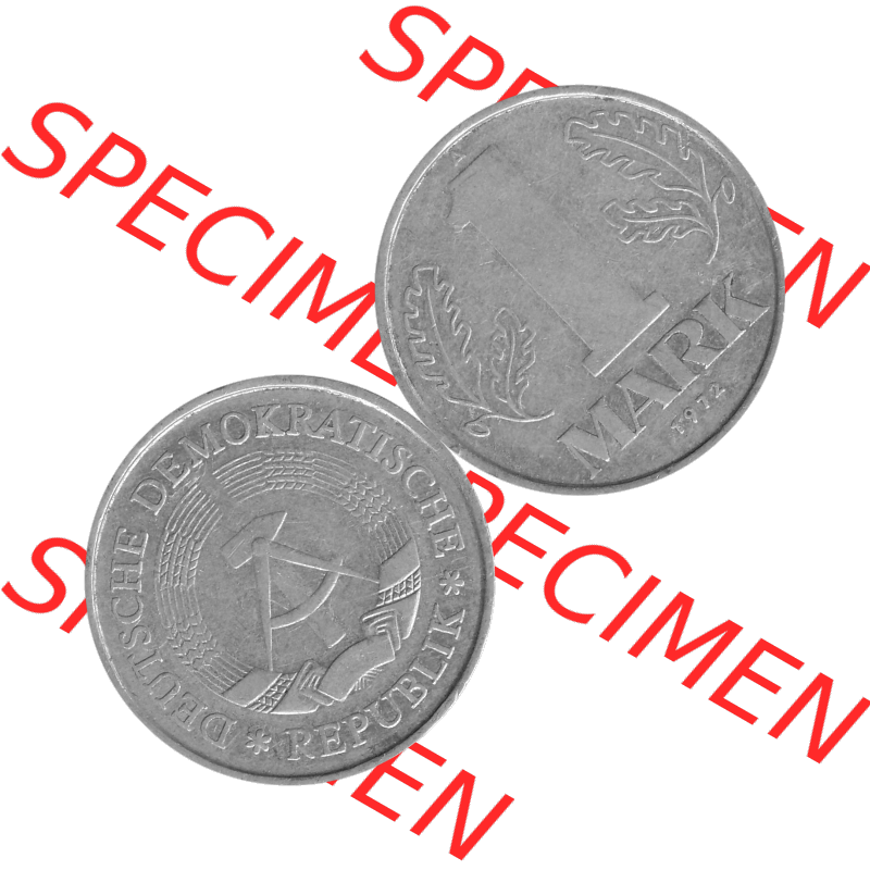 DDR Münze Umlaufmünze / Kursmünze 1972-1990, A 1 Mark 1972-01. Graustufen Bildmaterial als transparente PNG-Grafik mit der Vorderseite und Rückseite horizontal rechts... Sammlung