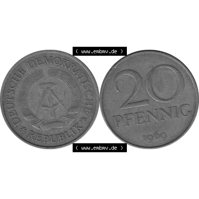 DDR Münze Umlaufmünze / Kursmünze 1969-1990, 20 Pfennig 1969-37, 1960er Jahre, Graustufen. 20 Pfennig DDR Graustufen Bildmaterial als transparente PNG-Grafik... Sammlung