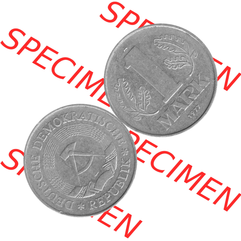 DDR Münze Umlaufmünze / Kursmünze 1972-1990, A 1 Mark 1977-07. Graustufen Bildmaterial als transparente PNG-Grafik mit der Vorderseite und Rückseite horizontal rechts... Sammlung