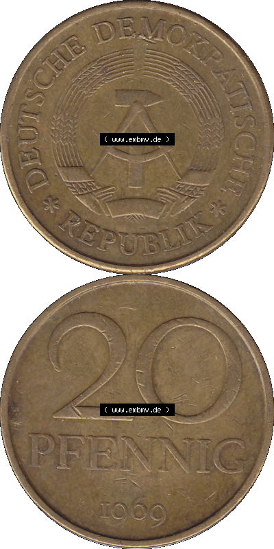 DDR Münze Umlaufmünze / Kursmünze 1969-1990, 20 Pfennig 1969 (Stück 39), 1960er Jahre, DDR-Telefonmünze. Bildmaterial als... Sammlung