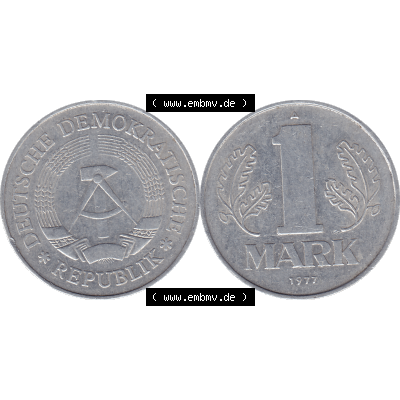 DDR Münze Umlaufmünze / Kursmünze 1972-1990, A 1 Mark 1977-07. Bildmaterial als transparente PNG-Grafik mit der Vorderseite und Rückseite horizontal rechts nebeneinander... Sammlung