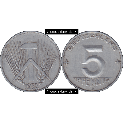 DDR Münze Umlaufmünze / Kursmünze 1952-1953, A 5 Pfennig 1952-02. Bildmaterial als transparente PNG-Grafik mit der Vorderseite und Rückseite horizontal rechts nebeneinander... Sammlung