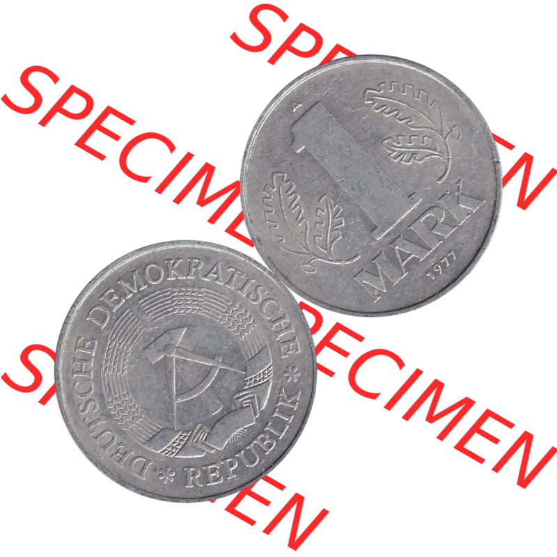 DDR Münze Umlaufmünze / Kursmünze 1972-1990, A 1 Mark 1977-01. Vorderseite und Rückseite horizontal rechts nebeneinander zusammengefügt als transparentes PNG-Grafik... Sammlung