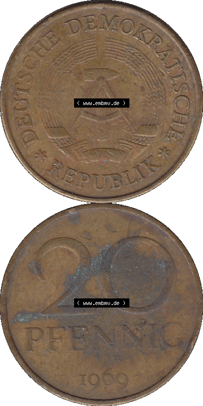 20 Pfennig Münze der DDR aus dem Jahrgang 1969 der 1960er-Jahre als PNG-Grafik Sammlung