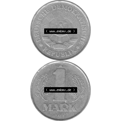DDR Münze Umlaufmünze / Kursmünze 1972-1990, A 1 Mark 1973-01. Bildmaterial als transparente Graustufen PNG-Grafik mit der Vorderseite und Rückseite vertikal untereinander... Sammlung