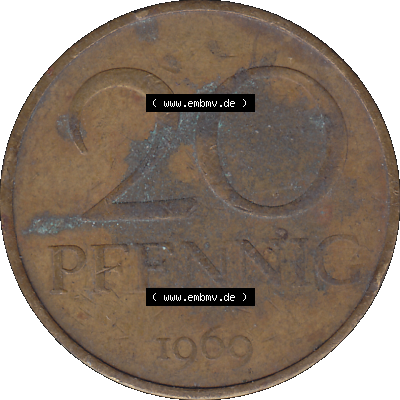 sich 20 / Zwanzig Pfennig-Stücke, bzw. Münzen, 20 Pfennig Münze der DDR aus dem Jahrgang 1969 der 1960er-Jahre als PNG-Grafik Sammlung