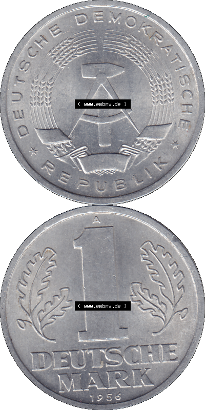 DDR Münze Umlaufmünze / Kursmünze 1956-1963, A 1 Deutsche Mark 1956 (Stück 7). Bildmaterial als transparente PNG-Grafik mit... Sammlung