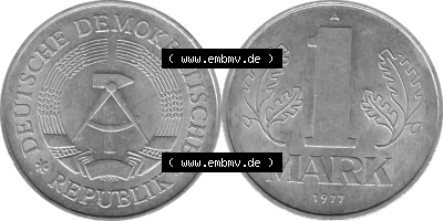 DDR Münze Umlaufmünze / Kursmünze 1972-1990, A 1 Mark 1977 (Stück 8). Graustufen Bildmaterial als transparente PNG-Grafik... Sammlung