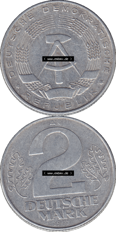 A 2 Deutsche Mark 1957, 2 / Zwei-Mark Münzen der DDR, Bild-Material der Deutschen DDR Zwei-Mark Münzen Sammlung