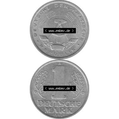 DDR Münze Umlaufmünze / Kursmünze 1956-1963, A 1 Deutsche Mark 1956-08. Bildmaterial als transparente Graustufen PNG-Grafik mit der Vorderseite und Rückseite vertikal... Sammlung