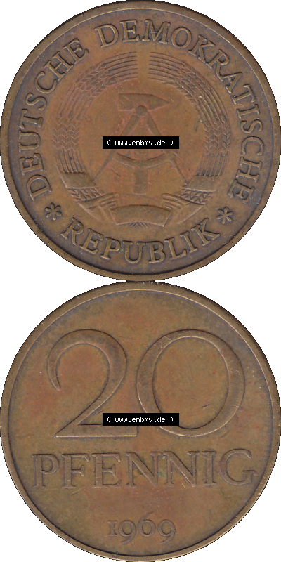 DDR Münze Umlaufmünze / Kursmünze 1969-1990, 20 Pfennig 1969 (Stück 43), 1960er Jahre, DDR-Telefonmünze. Bildmaterial als... Sammlung