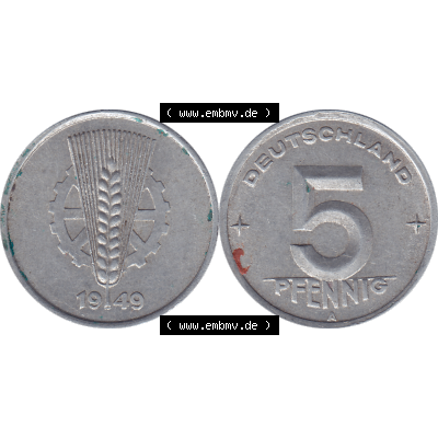 DDR Münze Umlaufmünze / Kursmünze 1948-1950, A 5 Pfennig 1949-01. Bildmaterial als transparente PNG-Grafik mit der Vorderseite und Rückseite horizontal rechts nebeneinander... Sammlung