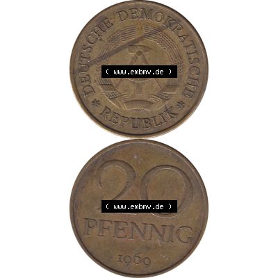 DDR Münze Umlaufmünze / Kursmünze 1969-1990, 20 Pfennig 1969-09, DDR-Telefonmünze. Bildmaterial als transparente PNG-Grafik mit der Vorderseite und Rückseite... Sammlung