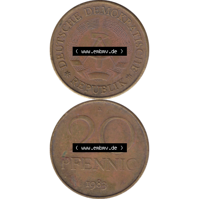 DDR Münze Umlaufmünze / Kursmünze 1969-1990, 20 Pfennig 1983-06, 1980er Jahre, DDR-Telefonmünze. Bildmaterial als transparente PNG-Grafik mit der Vorderseite... Sammlung