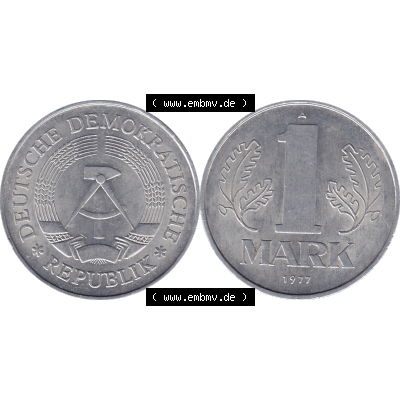 DDR Münze Umlaufmünze / Kursmünze 1972-1990, A 1 Mark 1977-08. Bildmaterial als transparente PNG-Grafik mit der Vorderseite und Rückseite horizontal rechts nebeneinander... Sammlung