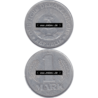 DDR Münze Umlaufmünze / Kursmünze 1972-1990, A 1 Mark 1977-06. Bildmaterial als transparente PNG-Grafik mit der Vorderseite und Rückseite vertikal untereinander zusammengefügt,... Sammlung