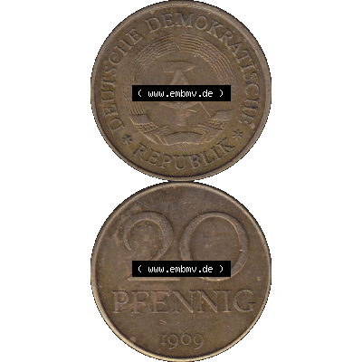 DDR Münze Umlaufmünze / Kursmünze 1969-1990, 20 Pfennig 1969-05, DDR-Telefonmünze. Vorderseite und Rückseite vertikal untereinander zusammengefügt als... Sammlung