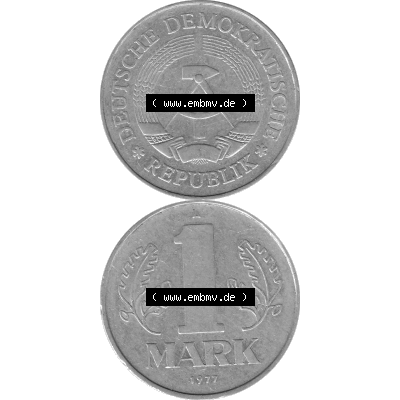 DDR Münze Umlaufmünze / Kursmünze 1972-1990, A 1 Mark 1977-06. Bildmaterial als transparente Graustufen PNG-Grafik mit der Vorderseite und Rückseite vertikal untereinander... Sammlung