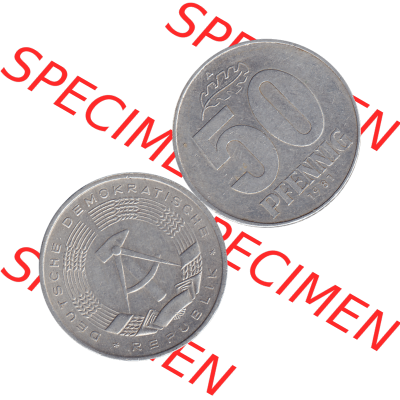 DDR Münze Umlaufmünze / Kursmünze 1958-1990, A 50 Pfennig 1981-1 der DDR-Mark. Vorderseite und Rückseite horizontal rechts nebeneinander zusammengefügt als transparentes... Sammlung