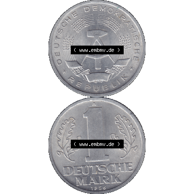 DDR Münze Umlaufmünze / Kursmünze 1956-1963, A 1 Deutsche Mark 1956-07. Bildmaterial als transparente PNG-Grafik mit der Vorderseite und Rückseite vertikal untereinander... Sammlung