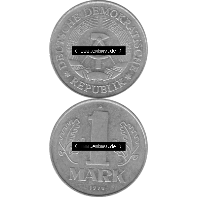 DDR Münze Umlaufmünze / Kursmünze 1972-1990, A 1 Mark 1978-02. Bildmaterial als transparente Graustufen PNG-Grafik mit der Vorderseite und Rückseite vertikal untereinander... Sammlung