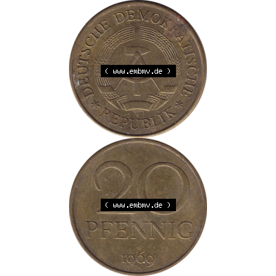 DDR Münze Umlaufmünze / Kursmünze 1969-1990, 20 Pfennig 1969-08, DDR-Telefonmünze. Bildmaterial als transparente PNG-Grafik mit der Vorderseite und Rückseite... Sammlung