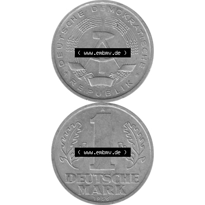 DDR Münze Umlaufmünze / Kursmünze 1956-1963, A 1 Deutsche Mark 1956-03. Bildmaterial als transparente Graustufen PNG-Grafik mit der Vorderseite und Rückseite vertikal... Sammlung