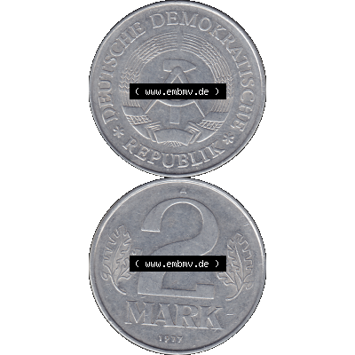 DDR Münze Umlaufmünze / Kursmünze 1972-1990, A 2 Mark 1977. Vorderseite und Rückseite vertikal untereinander zusammengefügt als transparente PNG-Grafik - Bild-Material... Sammlung