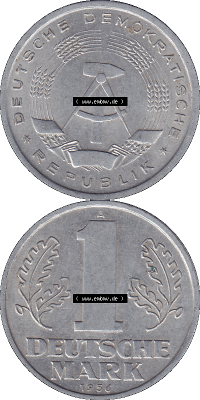 DDR Münze Umlaufmünze / Kursmünze 1956-1963, A 1 Deutsche Mark 1956 (Stück 8). Bildmaterial als transparente PNG-Grafik mit... Sammlung