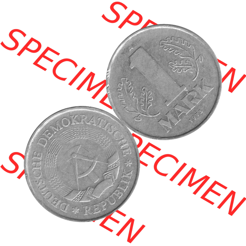 DDR Münze Umlaufmünze / Kursmünze 1972-1990, A 1 Mark 1973-01. Graustufen Bildmaterial als transparente PNG-Grafik mit der Vorderseite und Rückseite horizontal rechts... Sammlung