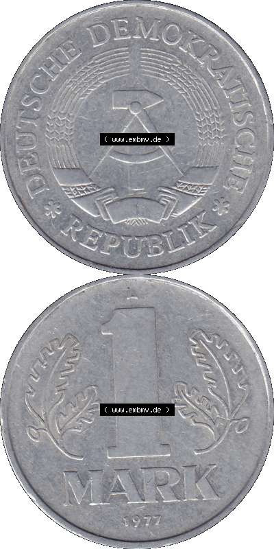 DDR Münze Umlaufmünze / Kursmünze 1972-1990, A 1 Mark 1977 (Stück 6). Bildmaterial als transparente PNG-Grafik mit der Vorderseite... Sammlung