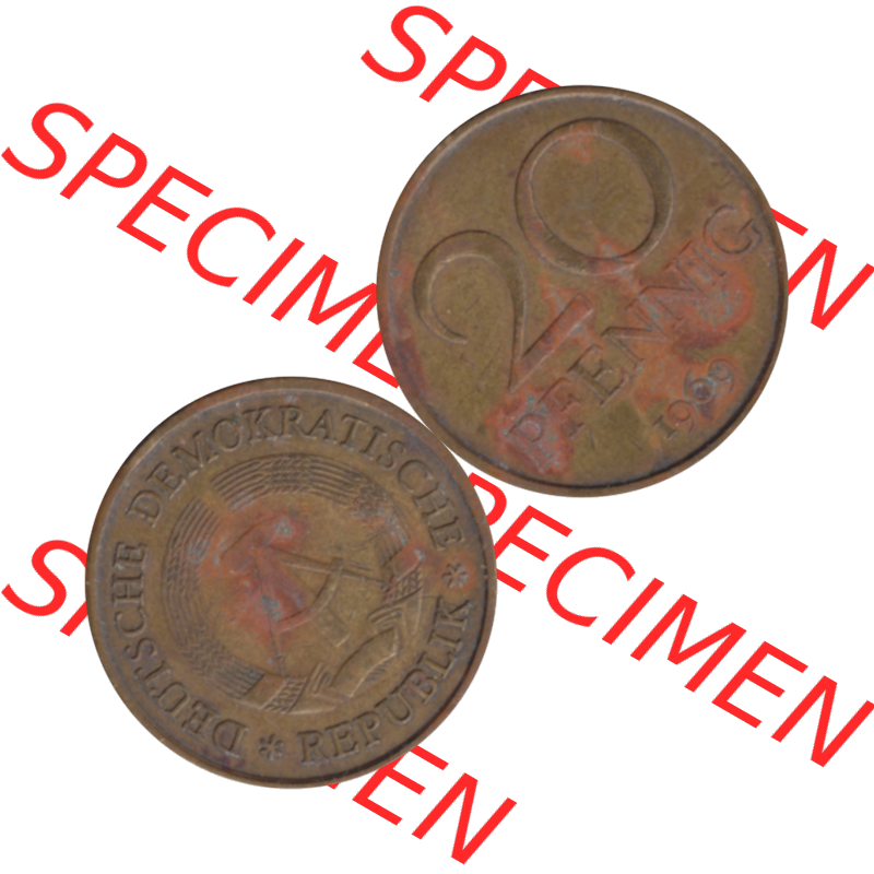 DDR Münze Umlaufmünze / Kursmünze 1969-1990, 20 / Zwanzig Pfennig 1969-11, 1960er Jahre, DDR-Telefonmünze. Bildmaterial als transparente PNG-Grafik... Sammlung