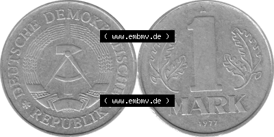 DDR Münze Umlaufmünze / Kursmünze 1972-1990, A 1 Mark 1977 (Stück 6). Graustufen Bildmaterial als transparente PNG-Grafik... Sammlung
