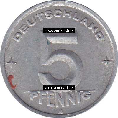 DDR Münze Umlaufmünze / Kursmünze 1948-1950, A 5 Pfennig 1949-01. Bildmaterial als transparente PNG-Grafik mit der Rückseite mit Wertzahl bzw. Nominalwert der... Sammlung
