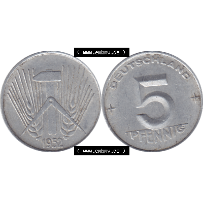 DDR Münze Umlaufmünze / Kursmünze 1952-1953, A 5 Pfennig 1952-01. Bildmaterial als transparente PNG-Grafik mit der Vorderseite und Rückseite horizontal rechts nebeneinander... Sammlung