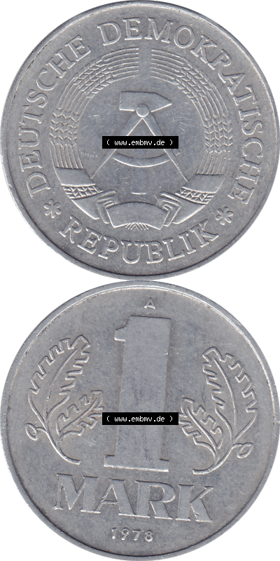 DDR Münze Umlaufmünze / Kursmünze 1972-1990, A 1 Mark 1978 (Stück 1). Bildmaterial als transparente PNG-Grafik mit der Vorderseite... Sammlung