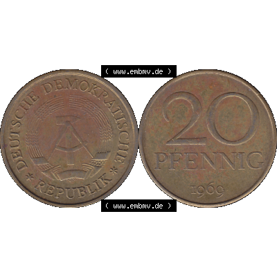 DDR Münze Umlaufmünze / Kursmünze 1969-1990, 20 / Zwanzig Pfennig 1969-02, DDR-Telefonmünze. Bildmaterial 1969 der 1960er Jahre der 20 Pfennig Münze... Sammlung