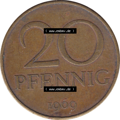 sich 20 / Zwanzig Pfennig-Stücke, bzw. Münzen, 20 Pfennig Münze der DDR aus dem Jahrgang 1969 der 1960er-Jahre als PNG-Grafik Sammlung