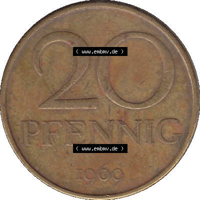 sich 20 / Zwanzig Pfennig-Stücke, bzw. Münzen, 20 Pfennig Münze der DDR aus dem Jahrgang 1969 der 1960er-Jahre als PNG-Grafik Sammlung