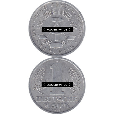 DDR Münze Umlaufmünze / Kursmünze 1956-1963, A 1 Deutsche Mark 1956-03. Bildmaterial als transparente PNG-Grafik mit der Vorderseite und Rückseite vertikal untereinander... Sammlung