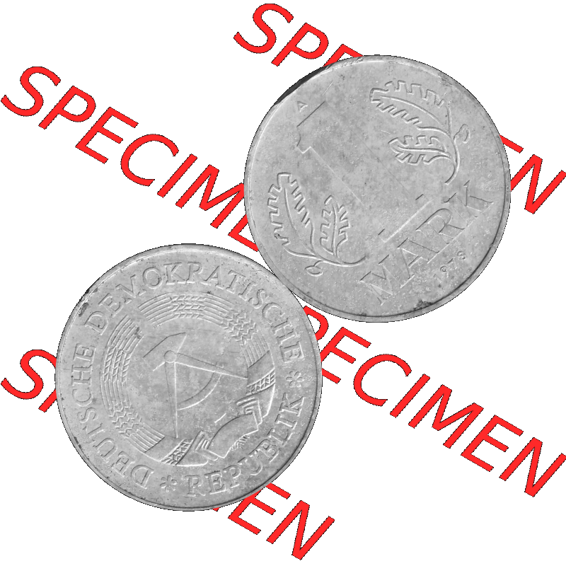 DDR Münze Umlaufmünze / Kursmünze 1972-1990, A 1 Mark 1978-03. Graustufen Bildmaterial als transparente PNG-Grafik mit der Vorderseite und Rückseite horizontal rechts... Sammlung