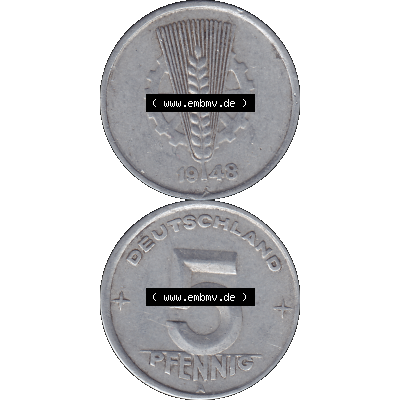DDR Münze Umlaufmünze / Kursmünze 1948-1950, A 5 Pfennig 1948-01. Bildmaterial als transparente PNG-Grafik mit der Vorderseite und Rückseite vertikal untereinander... Sammlung