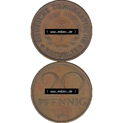 DDR Münze Umlaufmünze / Kursmünze 1969-1990, 20 Pfennig 1969-43, 1960er Jahre, DDR-Telefonmünze. Bildmaterial als transparente PNG-Grafik mit der Vorderseite... Sammlung