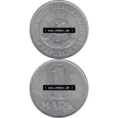 DDR Münze Umlaufmünze / Kursmünze 1972-1990, A 1 Mark 1977-01. Vorderseite und Rückseite vertikal untereinander zusammengefügt als transparente PNG-Grafik - Bild-Material... Sammlung