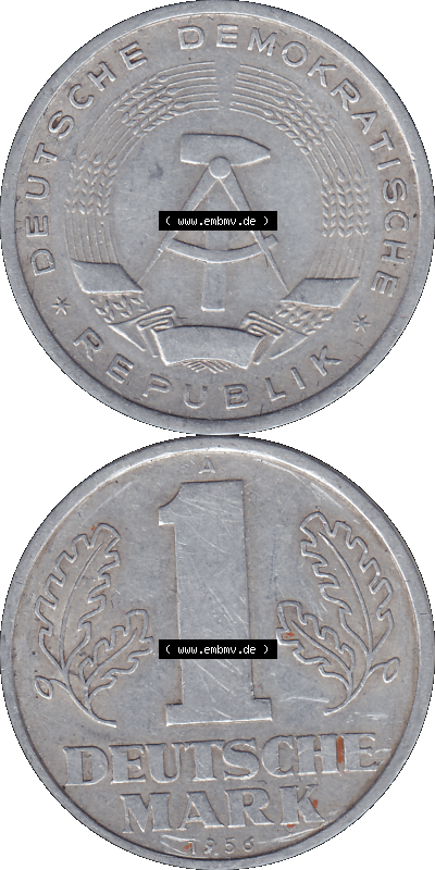 DDR Münze Umlaufmünze / Kursmünze 1956-1963, A 1 Deutsche Mark 1956 (Stück 6). Bildmaterial als transparente PNG-Grafik mit... Sammlung