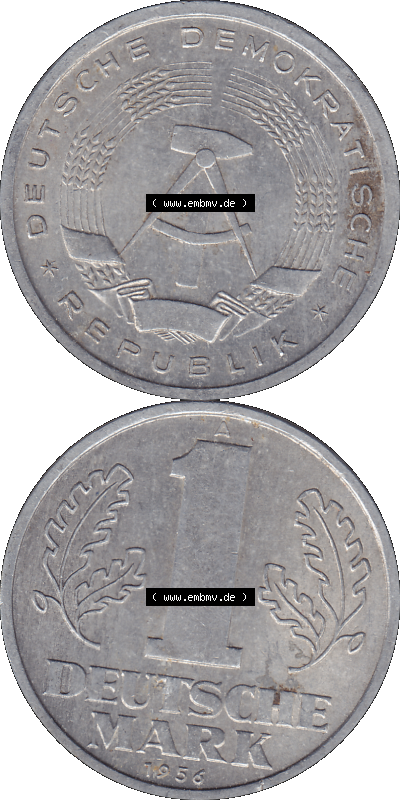 DDR Münze Umlaufmünze / Kursmünze 1956-1963, A 1 Deutsche Mark 1956 (Stück 5). Bildmaterial als transparente PNG-Grafik mit... Sammlung