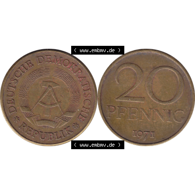 DDR Münze Umlaufmünze / Kursmünze 1969-1990, 20 / Zwanzig Pfennig 1971-04, 1970er Jahre, DDR-Telefonmünze. Bildmaterial als transparente PNG-Grafik... Sammlung