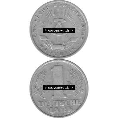 DDR Münze Umlaufmünze / Kursmünze 1956-1963, A 1 Deutsche Mark 1956-06. Bildmaterial als transparente Graustufen PNG-Grafik mit der Vorderseite und Rückseite vertikal... Sammlung