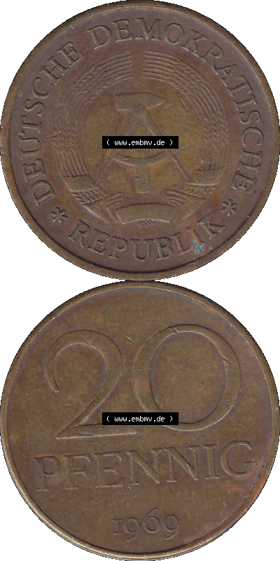 20 Pfennig Münze der DDR aus dem Jahrgang 1969 der 1960er-Jahre als PNG-Grafik Sammlung